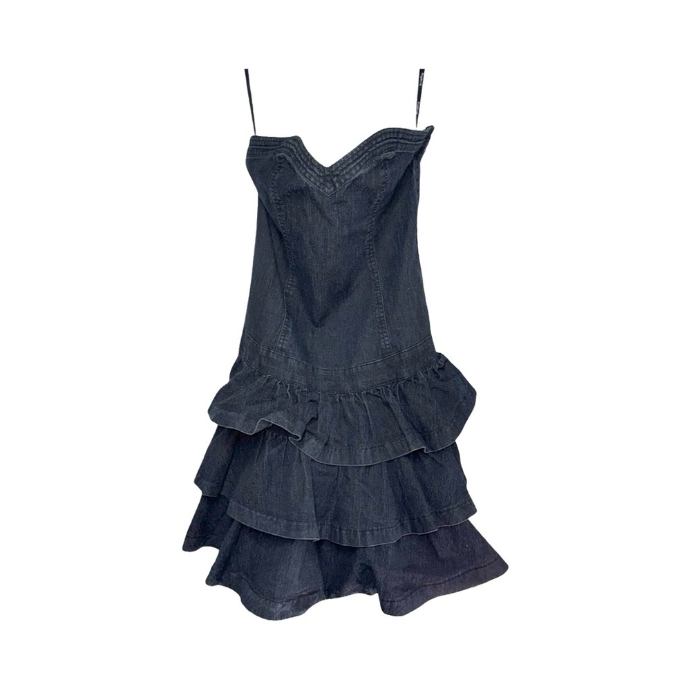 Chic Dark Blue Denim Mini Dress with Ruffles
